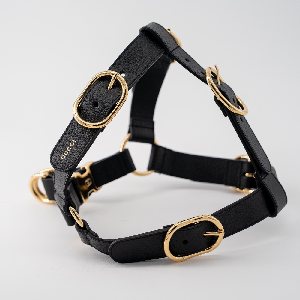 size L - Gucci Dog Pet Harness Black Gold Leather